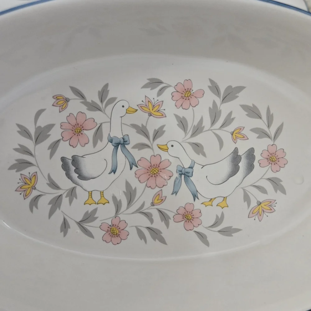 Vintage Stoneware Japan Baking Dish Goose Flowers Set Of Two